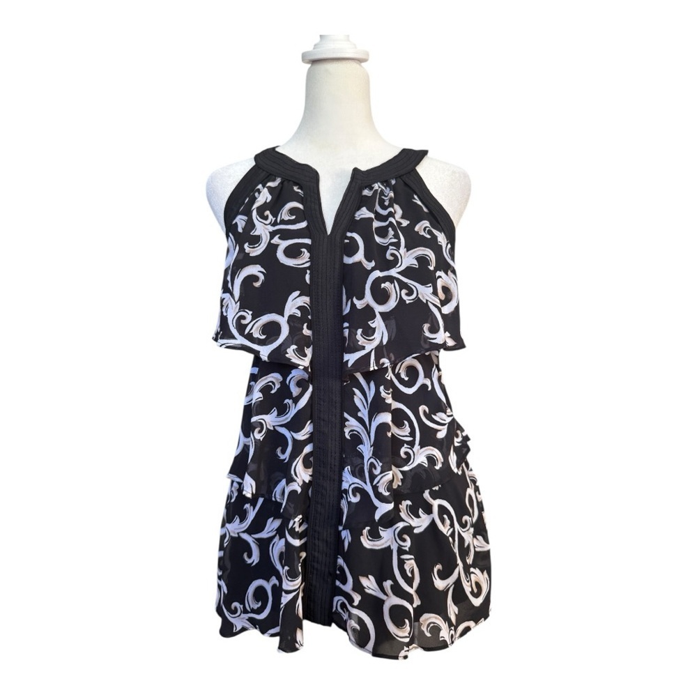 INC Black & White Baroque Scroll Print Tiered Halter Tunic